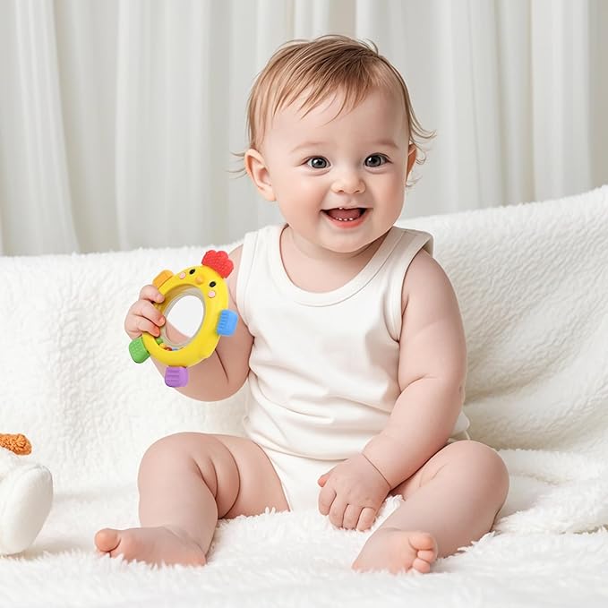 2 Pack Sensory Toys for Babies,Baby Teething Rings Toys for 0-6 6-12 Months Baby Rattle Teether Silicone Teether Relief Chew Soothing,BPA Free,Sore Gums Babys Teethers Toys