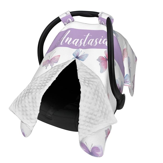 Personalized Colorful Butterfly Baby Car Seat Canopy with Name – Custom Nursing Cover, Stroller Seat Cover, Breastfeeding Privacy Blanket, Soft Breathable Infant Cover for Newborn Girl Gift
