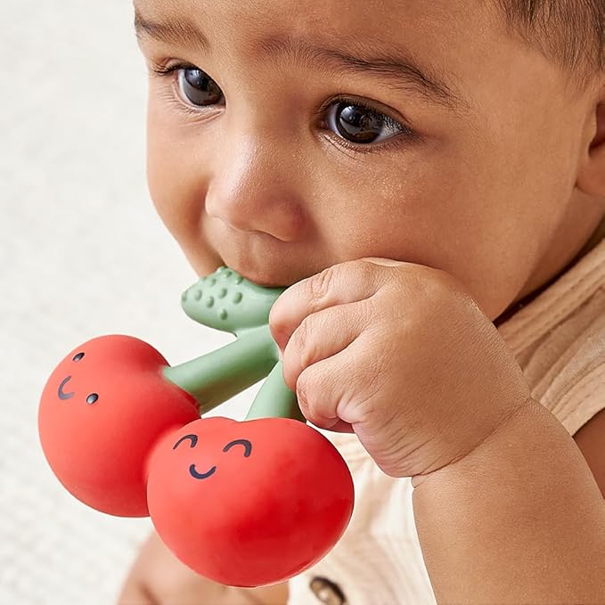 Itzy Ritzy Natural Rubber Teether – BPA-Free Soft & Durable Infant Teething Toy, Easy for Little Hands to Grab & Squeeze, Designed for Babies & Toddlers (Cherry)