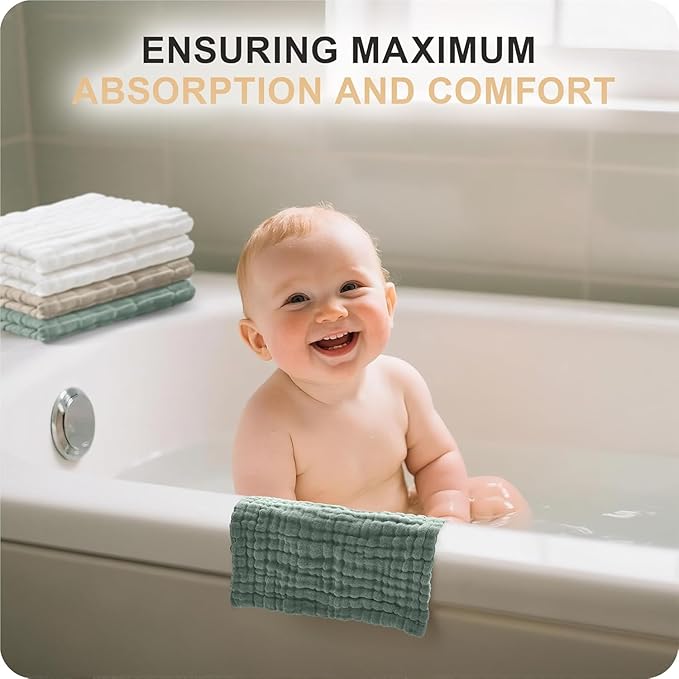 Cuddle Campus Baby Washcloths 6 Packs, Muslin Washcloths Baby,Cotton Burp Cloths, Extra Absorbent and Soft Wash Clothes for Newborns, 12x12 Inches