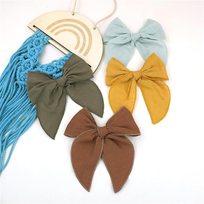 Pack of 4 Gorgeous Fable Bow Hair Clips for Girls Women Linen Hair Bow Alligator Clips Toddler Baby Mom Young Girl Hair Accessories (Mustard/Sage)