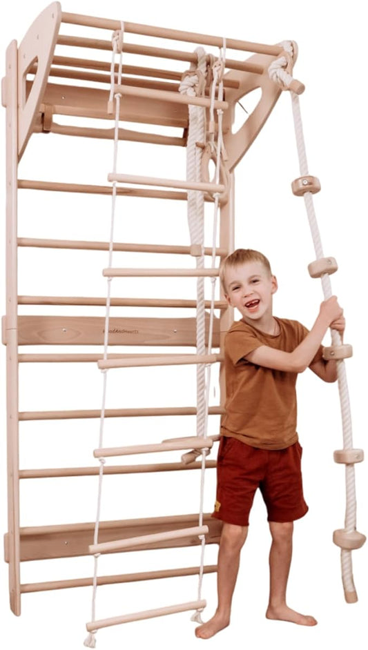 Woodandhearts Swedish Ladder for Kids with Rope Accessories - Indoor Jungle Gym, Indoor Jungle Gym for Kids Ages 3-16, Indoor Climbing Gym (Swedish Ladder of 2 Parts(Natural Wood Color))