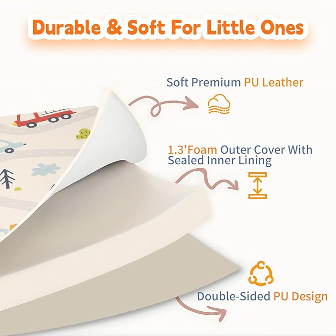1.3" Thick Baby Play Mat for Floor，50x50 PU Leather Playpen Mat for Toddlers Infant Kids,Ultra Soft Support Cushioned & Waterproof Playmat for Baby Girls and Boys Play on Floor/Car Pattern