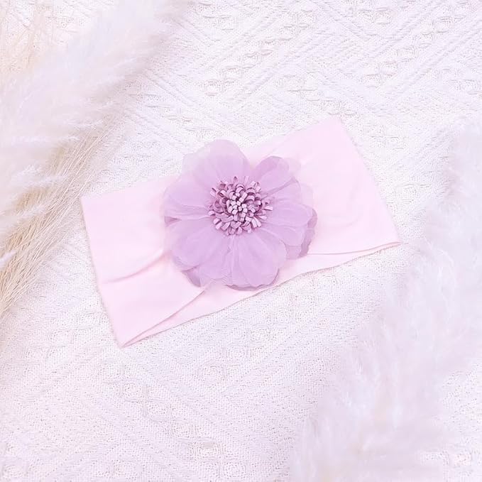 Large Flower Elastic headband for Baby Girl Infant Soft Fabric Chiffon Floral Hairband Toddler Newborn Christening Baptism Hair Accessories (Flower 2 - Purple, Elastic)