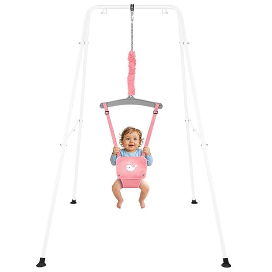 Baby Jumper with Stand, Foldable Activity Jumper for Infants, Height Adjustable Baby Bouncer No Doorway Needed Toddler Jumper, Portable Indoor Outdoor Baby Activity Center for 6-12 Months (Pink)