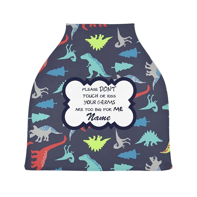 Personalized No Touching Sign Baby Car Seat Cover with Name, Customized Dinosaur Infant Stroller Canopy, Multiuse Carseat Covers Nursing Covers Breastfeeding Scarf, Shower Gift for Newborn Boys