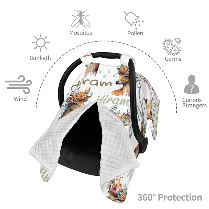 Personalized Woodland Deer Baby Car Seat Cover with Name, Customized Peekaboo Opening Car Seat Canopy for Baby Girls Boys, Nursing Covers Breastfeeding Scarf for Infant Newborn