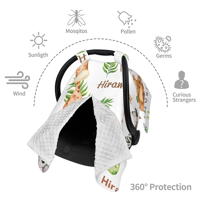 Personalized Name Car Seat Cover for Babies, Customized Peekaboo Opening Carseat Canopy for Baby, Multiuse Nursing Cover Breastfeeding Scarf Stroller Canopies, Gift for Newborn Infant, Cute Animal