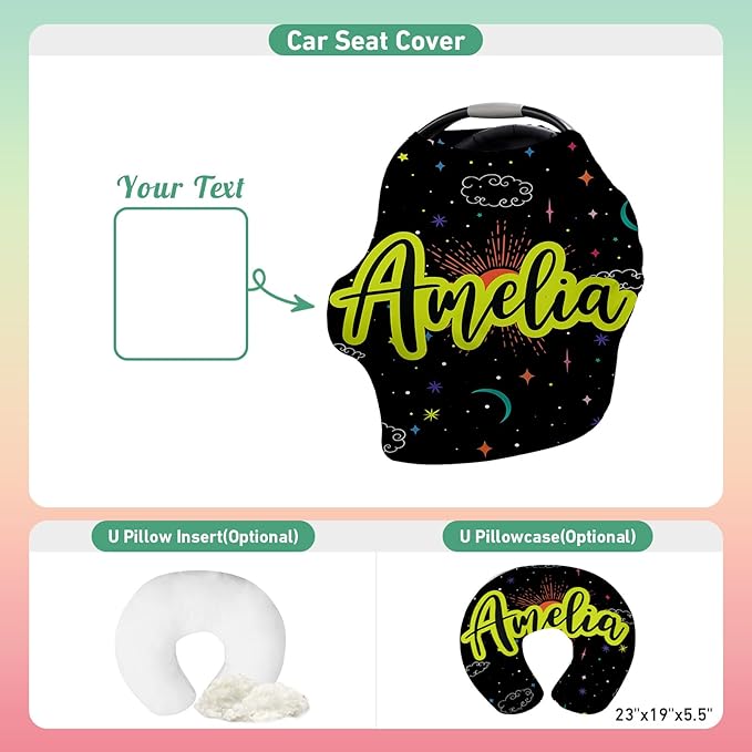 Custom Name Car Seat Canopy - Baby Car Seat Covers, Infant Stroller Cover, Bright Green Star Carseat Canopy Christmas Birthday Gifts for Girls and Boys