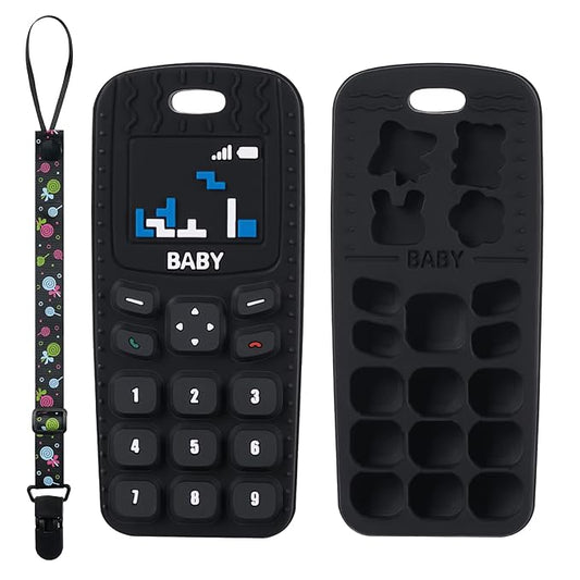 Aolso Baby Teether Toys, Silicone Baby Teething Toys Phone Shape with Pacifier Clip, Soft Teething Toys for Toddlers, BPA Free, Boys Girls Baby Chew Toys, Teethers for Babies 0-6 Months (Black)