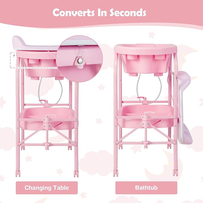 HONEY JOY 2-in-1 Baby Bathtub & Changing Table, Foldable Infant Diaper Changing Station with Wheels, Storage Tray, Waterproof Pad, Portable Newborn Nursery Organizer Bath Stand for Boys Girls (Pink)