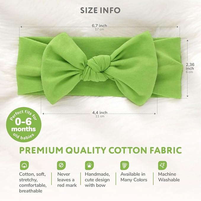 Baby Girl Headbands 0–6 Months – Newborn Infant Soft Cotton Handmade Bow Headband, Stretchy No Mark Baby Hair Accessories (Lime Green, 0-6 Month)
