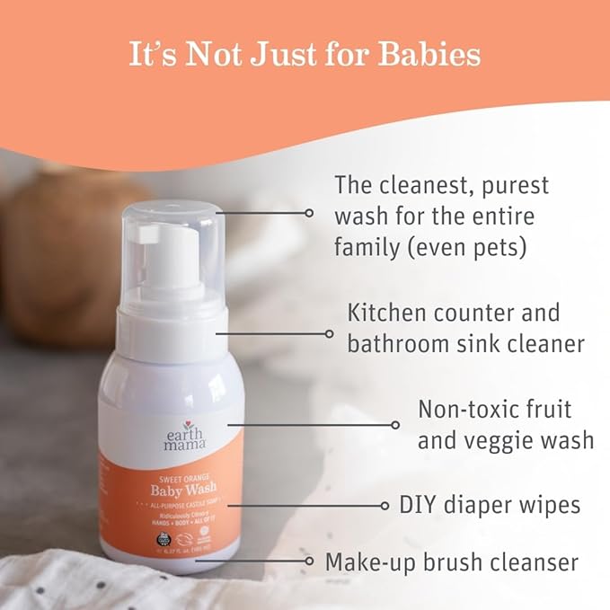 Earth Mama Sweet Orange Baby Wash Liquid Foaming Hand Soap Refill, Organic All Purpose Body Wash for Sensitive Skin, Castile Soap with Coconut Oil, Shea Butter, Calendula, & Aloe, 34 fl oz
