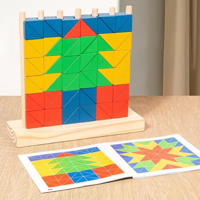 Montessori Wooden Stacking Toy for Kids - Toddler & Preschool STEM Learning Creative Brain Teaser Educational Logic Game - Puzzle Colorful Triangle Blocks
