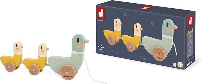 Janod - J04051 - 3 Sweet Cocoon Pulling Ducks - Develops Motor Skills - FSC Wood Toy and Water Paint - From 12 Months, Green/Yellow