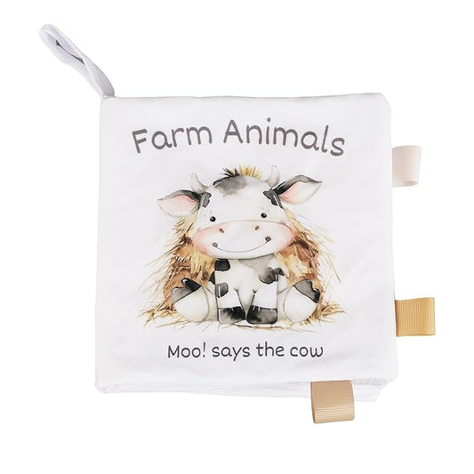 Ali+Oli Baby Cloth Book – Soft Sensory Crinkle Book for Infants 0-12 Months – Early Learning Touch & Feel Tummy Time Toy – Colorful taggies - Newborn Shower Gift - Farm Animals