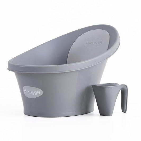 Shnuggle Newborn Bath Essentials Bundle | Baby Bath with Support Bump and Soft Backrest & Rinse Jug | Safe, Gentle, and Stylish Bathtime Set for Babies & Toddlers | Pebble Grey