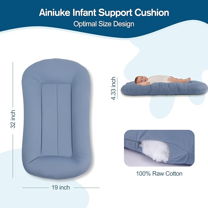 Baby Lounger for Newborn, Portable Tummy Time Mat for Home and Travel, 0-24 Months, Soft Cotton Cover, Blue