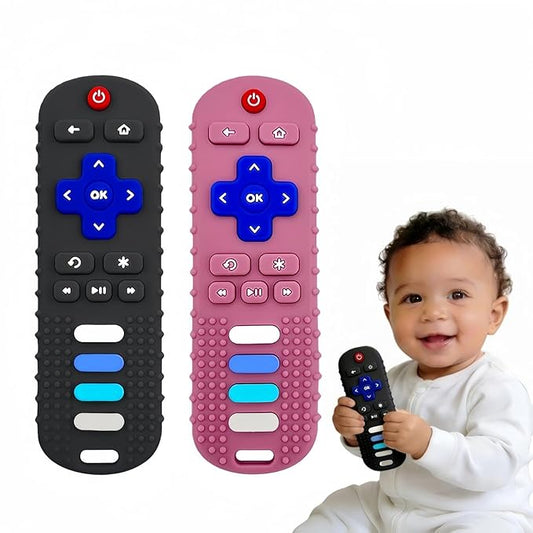 2Pcs Baby Teething Toys, BPA-Free Food Grade Silicone Baby Remote Control Teething Toy for 3-18 Months, Teething Relief Baby Toys, Teething Relief Newborn TV Remote Shaped Toy (Black&Pink)
