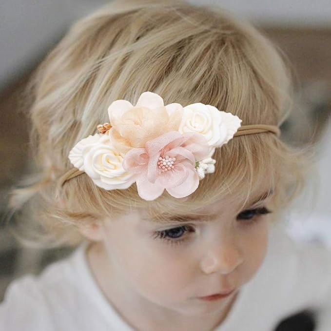 Baby Girl Flower Headband 6 PCS Elastic Hairbands Handmade Nylon Bows Headbands Chic Floral Hair Accessories Kids Gifts for Newborn Infant Toddlers