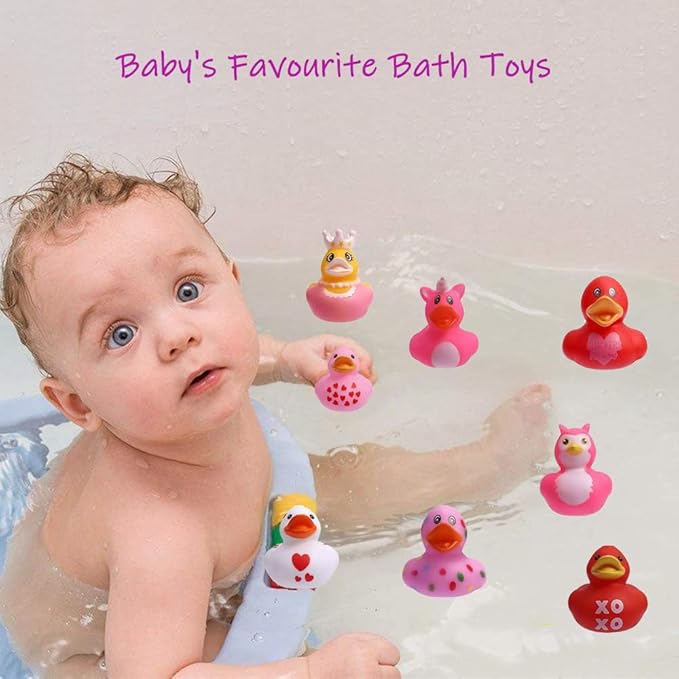 12 Pcs Assorted Rubber Ducks Pink Heart Ducks,Small Rubber Ducks in Bulk Baby Shower Bath Toy for for Jeep Ducking Birthday Party Favors Classroom Incentives