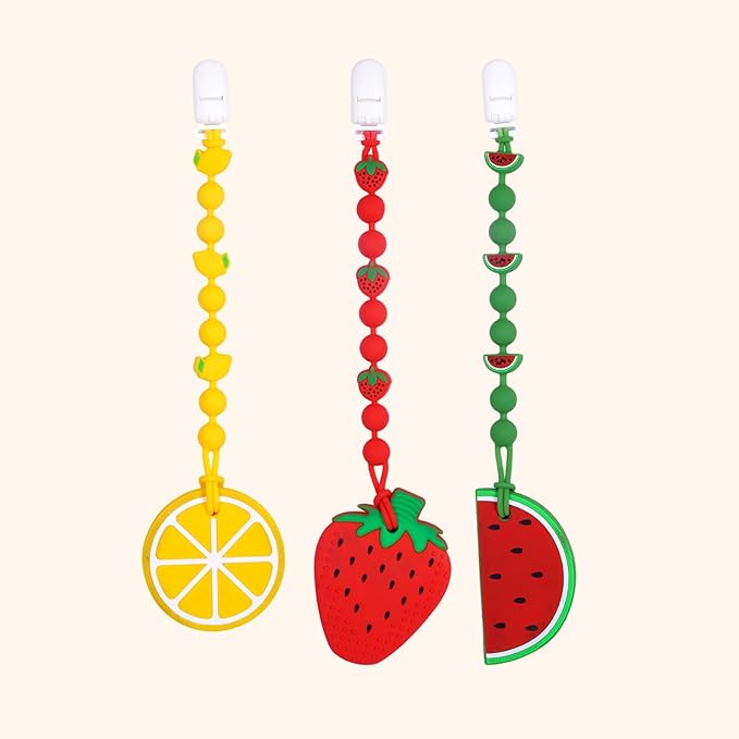 Cute Animal Baby Food Grade Silicone Teether Toy with One Piece Design Pacifier Clip Holder,Teething Pain Relief Toys Gift Set for 3 Months+ Boys and Girls,Freezer Safe,BPA Free (Watermelon)