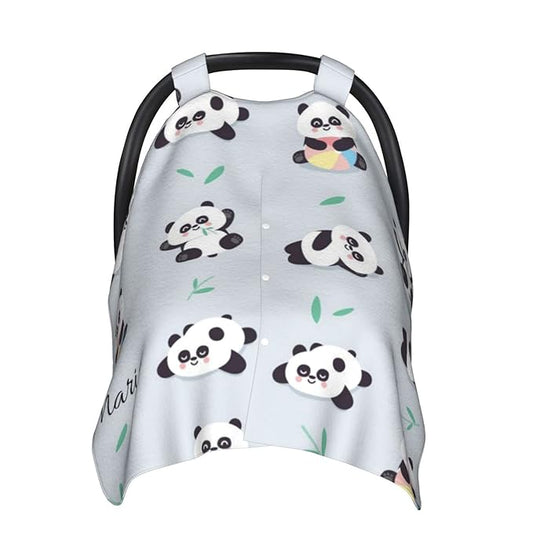 Personalized Cute Panda Bamboo Baby Infant Car Seats Canopy for Baby with Name, Custom Lightweight Covers for Baby Boys Girls, Minky Nursing Breastfeeding Stroller Cover Canopies for Newborn