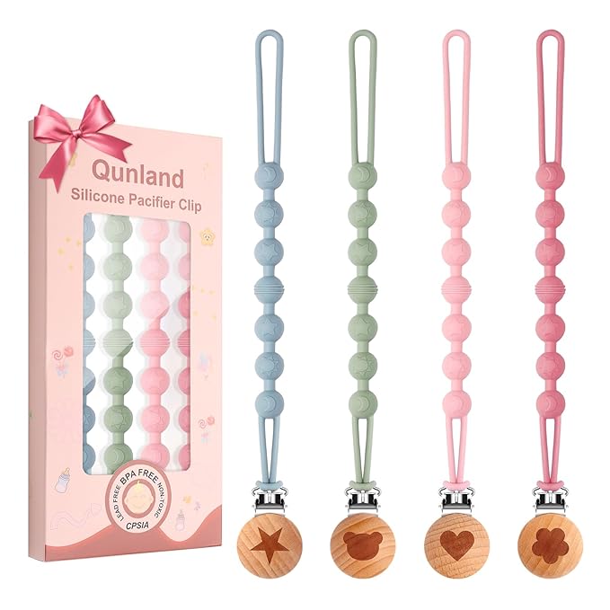 Silicone Pacifier Clip Holder for Baby Girls Boys, Christmas Baby Gifts 4-Pack One-Piece Soft Flexible Binky Clips Holder with Cute Texture, Anti-Loss Paci Clips for Birthday Baby Shower Essentials