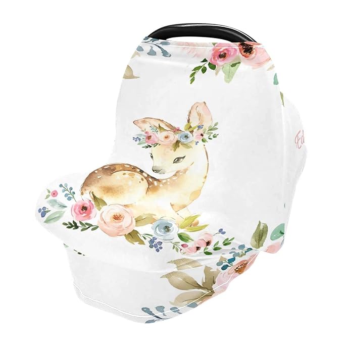 Personalized Baby Car Seat Covers with Name, Custom Nursing Cover Breastfeeding for Babies, Carseat Canopy for Girls and Boys, Infant Stroller Cover for Winter, Breathable Carseats Cover (Floral Deer)