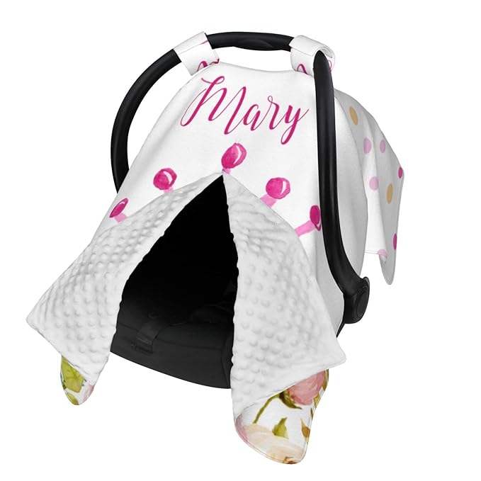 Personalized Baby Car Seat Canopy for Babies, Custom Name Car Seat Covers for Baby Girl, Floral Crown Opening Minky Nursing Breastfeeding Cover for Infant, Carseat Canopies for Newborn