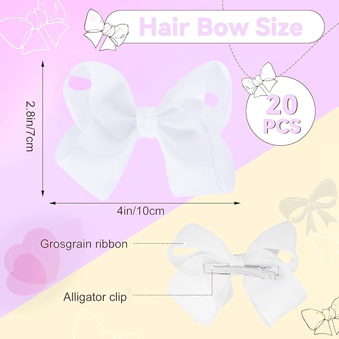 4 Inch Hair Bows,20 Pieces Hair Bows for Girls,Grosgrain Ribbon Hair Bow with Alligator Clips,White Bows Hair Accessories for Toddlers Baby Girls Kids Teens