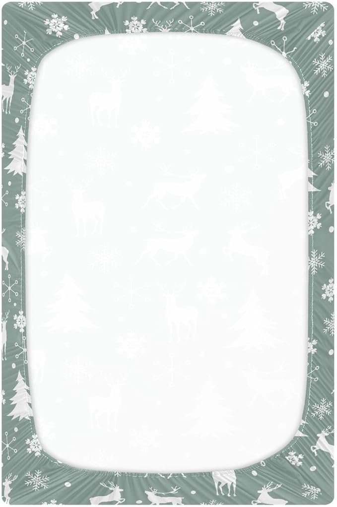 Fitted Crib Sheets Christmas Xmas Deer Snowflake Stretchy Portable Playard Sheets for Baby Toddler, Breathable Soft Mini Crib Mattress 52 x 28 in for Boys and Girls
