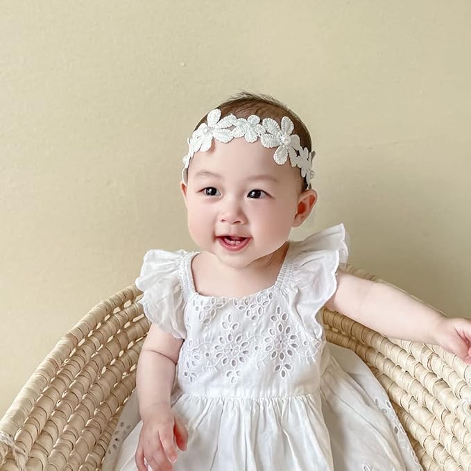 Baby Girl Headband White Lace Hairband Elastics Flower Head Wrap Hair Accessories Gift for Newborn Infant Toddlers Kids Baptism Shower Gift Birthday Wedding Party (Style 8)