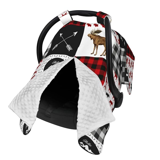 Personalized Moose Deer and Mountain Baby Car Seat Canopy for Babies with Name, Custom Car Seat Covers Boys Girls, Peekaboo Opening Minky Nursing Breastfeeding Cover Infant Canopies for Newborn
