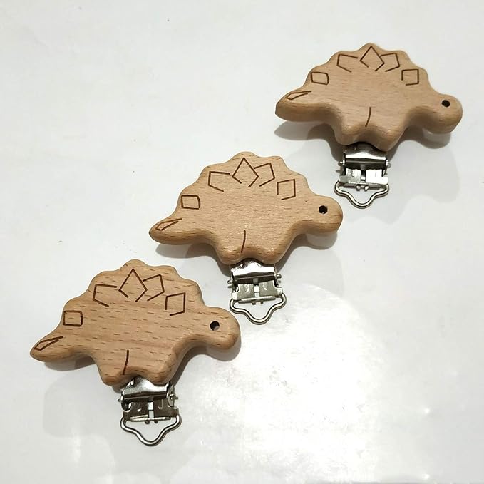 5pcs Natural Beech Wood Animal Pacifier Clips Grasping Toy Suspender Chain Clips Charm Antique DIY Beading Accessory (Stegosaurus)