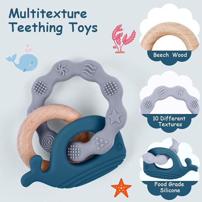 Vicloon Baby Teether Toys, Silicone & Natural Wood Teether Ring, Baby Teething Toys for Babies 3 Months+, Silicone Chewable Rings for Newborn Gift（Blue）