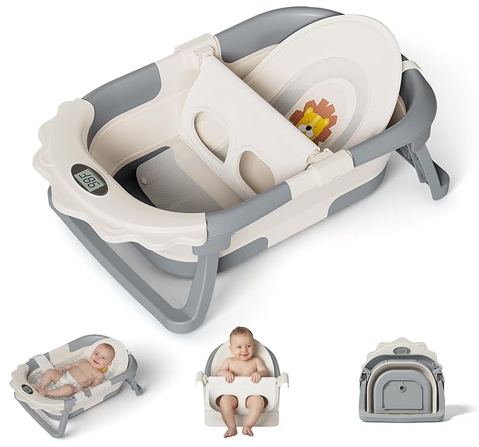 MoreFeel Foldable Baby Bathtub with Thermometer - 4-in-1 Grow-with-Me Collapsible Infant Tub (Newborn to Toddler) with Adjustable Mesh Sling - Space Saving Design