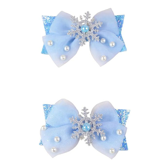 2PCS Baby Girl Dog Gift Wrap Hair Bow Clips Barrettes Blue Glitter Hair Bow Clips with Snowflake and Pearl Embellishments Assorted Hair Accessories Alligator Clip for Little Girls Toddler Kids Teens