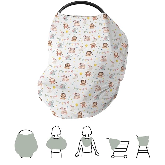 Cute Circus Animals Car Seat Cover for Babies Monkey Elephant Lion Rabbit Pig Stretchy 5-in-1 Cover Adjustable Car Canopy Breastfeeding Cover Colorful Zoo Animals Breathable Nursing Cover-Up