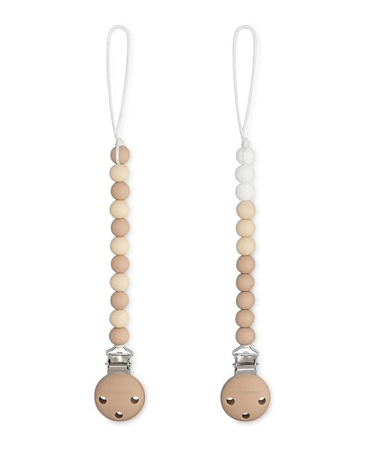 Comfy Cubs Pacifier Clips 2 Pack - 100% Food Grade Silicone Baby Pacifier Clips, BPA & PVC Free - CPSIA Certified, Lightweight and Flexible Baby Gifts - Beige, Light Beige & White