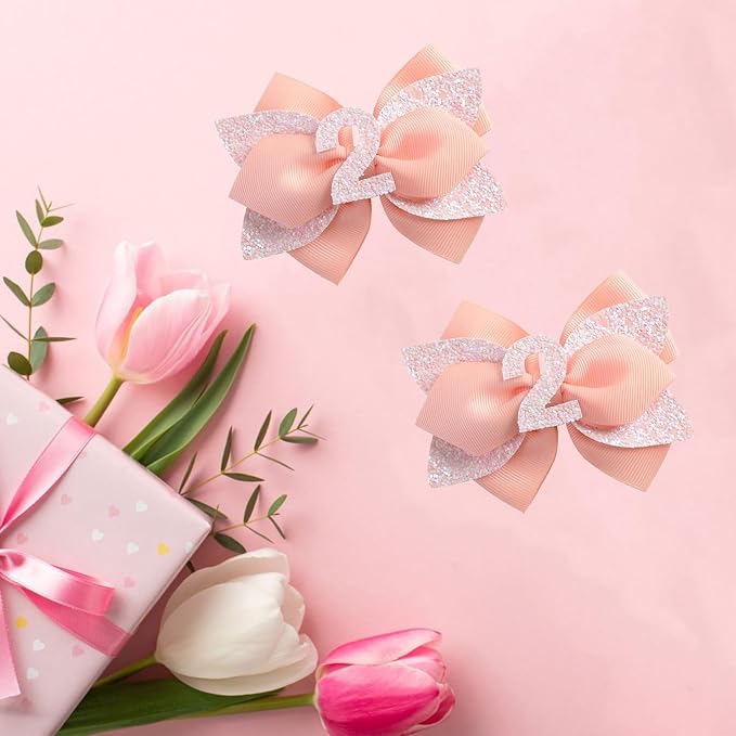 Pink Birthday Hair Bow for Baby Girls - 2Pcs Peach Sprinkle Hair Clips for 2nd Birthday Glitter Baby Bow Party Decorations for Girls Toddlers Hair Accessories (Pink-2 Years)
