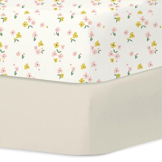 Little Grape Land Crib Sheets 2 Pack for Boys and Girls, Baby Neutral Crib Fitted Sheets for Standard Crib & Toddler Mattress, Super Soft Breathable Fitted Crib Sheet Set, Yellow Petal