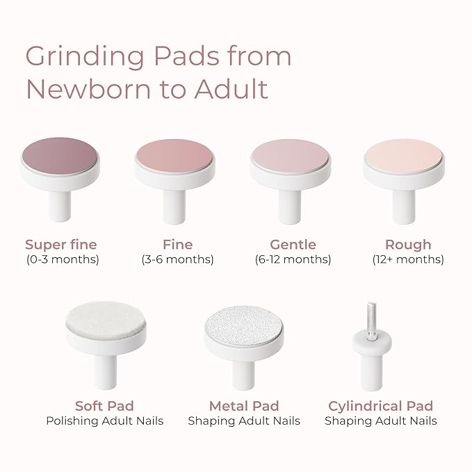 Momcozy Baby Nail File Electric, Gentle Baby Nail Trimmer Electric, Baby Nail Clipper with Night Light, 7 Grinding Head Replacement Pads, Pink