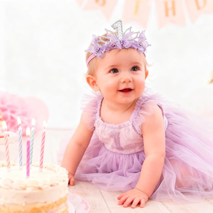 cherrboll Baby Girl Birthday Crown Floral Headband, Soft Flower Head Wrap Tiara Hairband for 1-3 Years Old Toddlers Kids First 1st Birthday Party Dress Photo Decoration