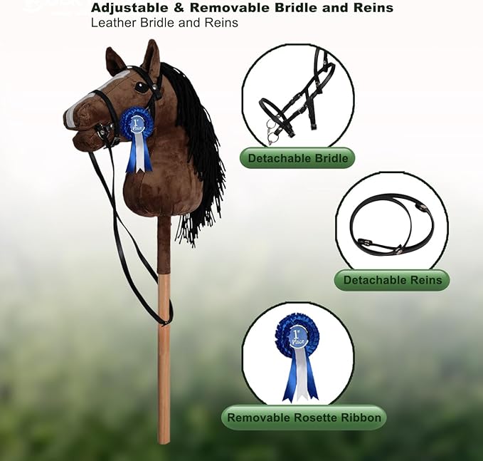 ROCK MY BABY Hobby Horse with a Detachable Bridle Plush Stuffed Stick Horse with Award Ribbon for Kids 3+ Years Old (Dark Brown)
