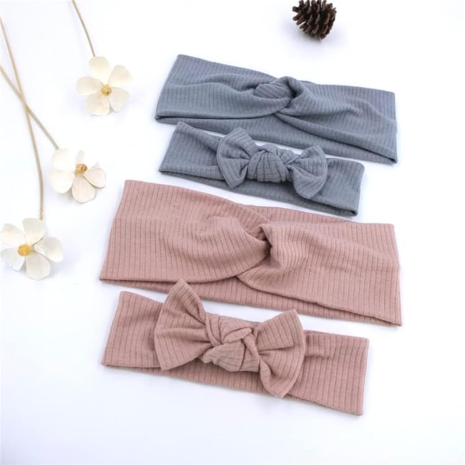 Sugarmelon Mommy and Me Headband Set Mother Baby Matching Turban Headbands for Toddler Baby Girls Women Scrunchies Hair Bow Hairbands (Vanilla and Smoke Blue)
