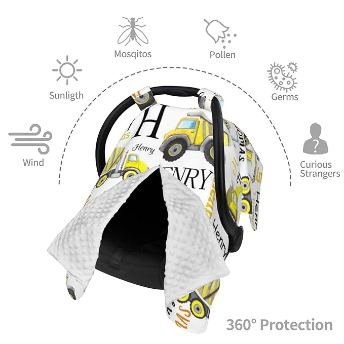 Personalized Baby Car Seat Canopy for Babies with Name, Custom Construction Truck Stroller Car Seat Covers for Boy, Minky Nursing Carseat Cover for Breastfeeding, Car Seat Canopies for Infant Newborn