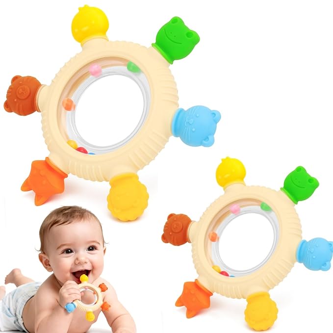 Baby Teething Rings Rattle Toys for 0-6 Months Baby Silicone Teether Relief Sooth Chew for Babies 0 3 6 9 12 Months Newborn Essentials Sensory Colorful Animal Teething Ring Infant Gift