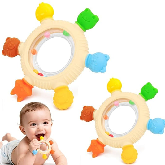 Baby Teething Rings Rattle Toys for 0-6 Months Baby Silicone Teether Relief Sooth Chew for Babies 0 3 6 9 12 Months Newborn Essentials Sensory Colorful Animal Teething Ring Infant Gift