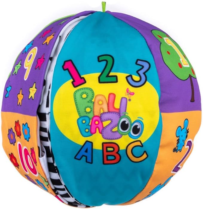 Balibazoo Double-Sided Soft Activity Ball for Babies 0-36M - High-Contrast Black & White + Colorful Numbers & ABC | Jingle Bell Sound | Educational Sensory Learning Toy | Grows with Baby | Infant Gift